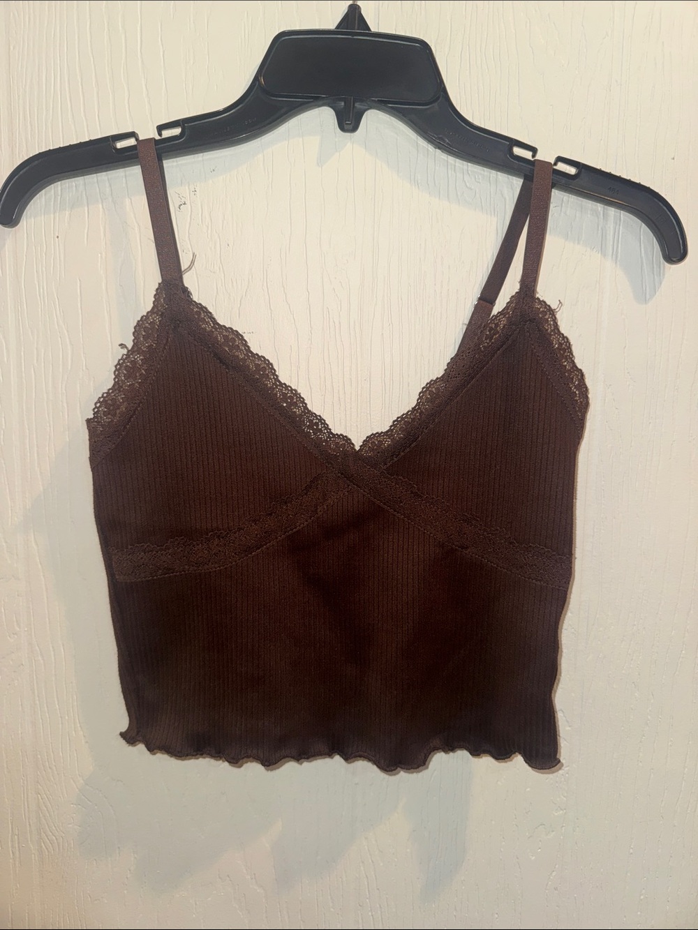 Lace Trim Ribbed Cami Tank Top - Chocolate Brown